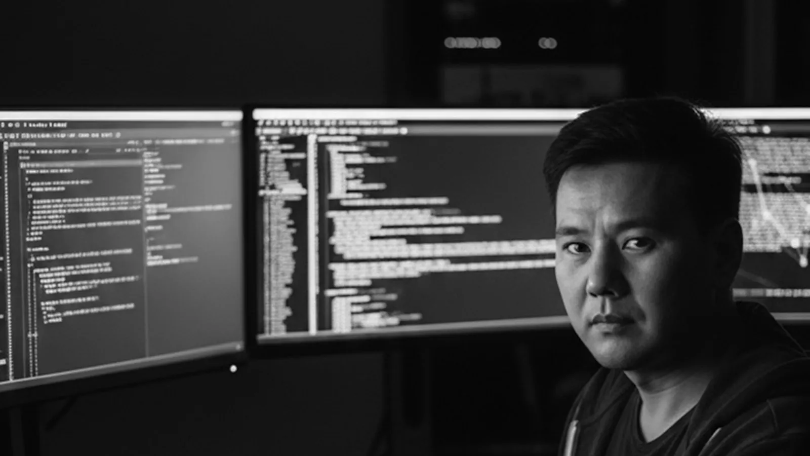 Analyste devant plusieurs écrans affichant du code