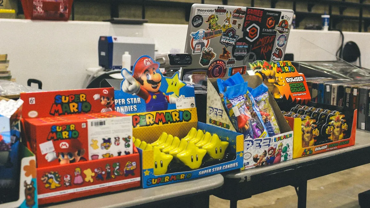 Produits dérivés et figurines de jeu vidéo présentés sur une table