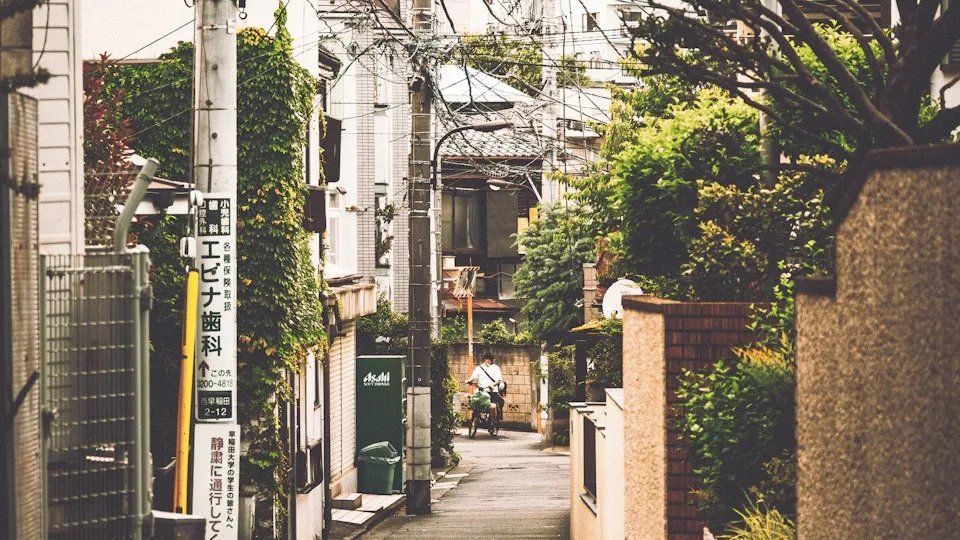 Ruelle résidentielle de Tokyo bordée de végétation et de poteaux électriques